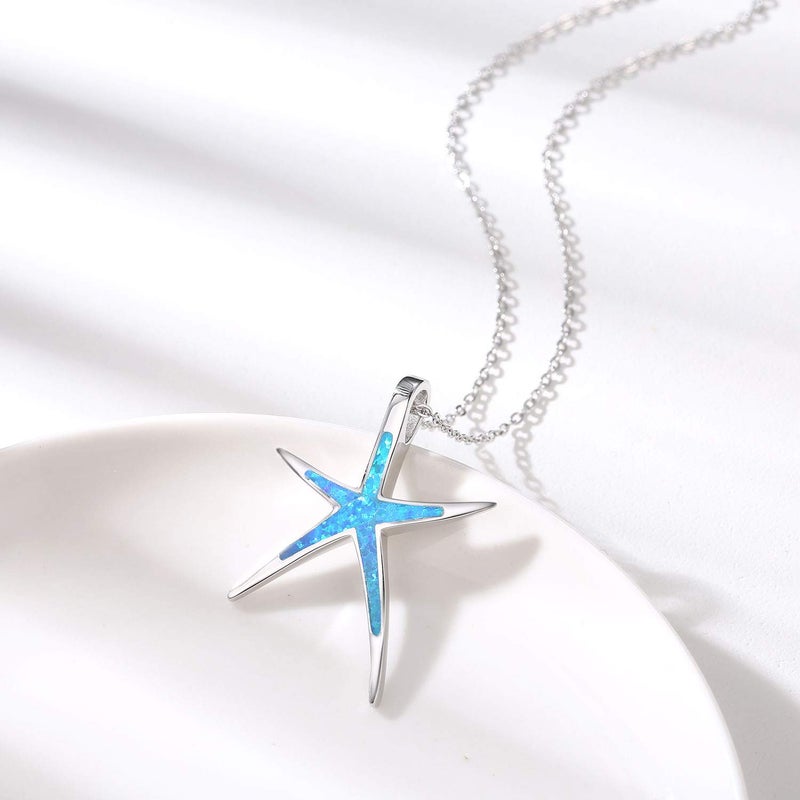 Cuoka Starfish Necklace, 925 Sterling Silver with Blue Opal, Hawaiian Beach Nautical Ocean Pendant, Starfish Jewelry Opal Jewelry for Women Girlfriend - Image 2